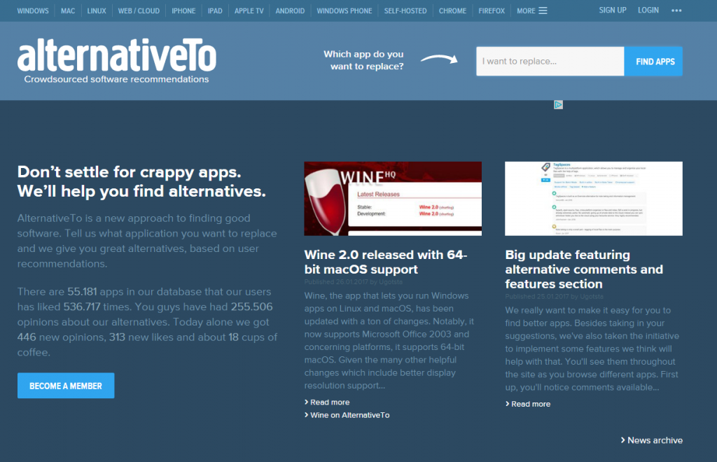 Screenshot Seite alternativeto.net